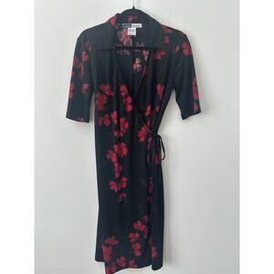 California Concepts Floral Wrap Midi Dress Women's Medium Black Red 3/4 Sleeves
